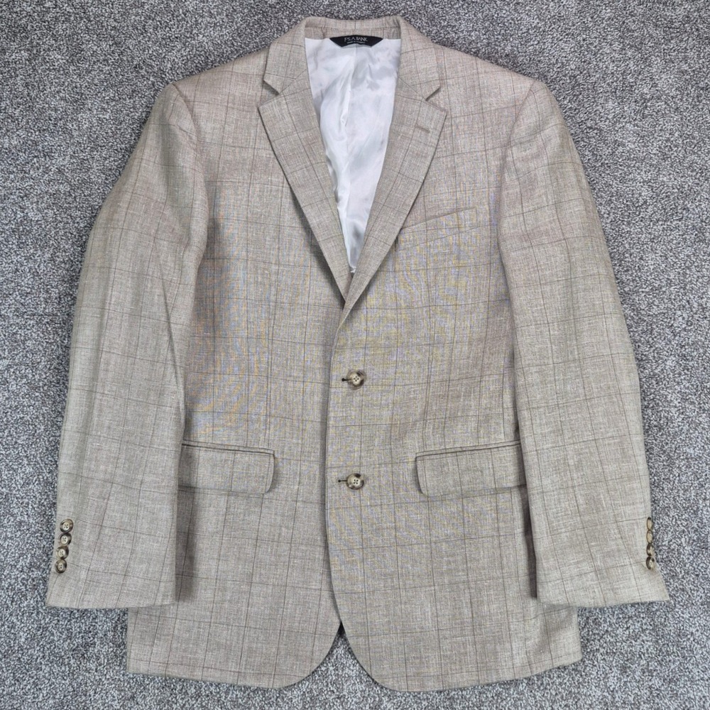 Jos. A. Bank Blazer Mens 40L Beige Windowpane Linen Wool Silk Sport Coat